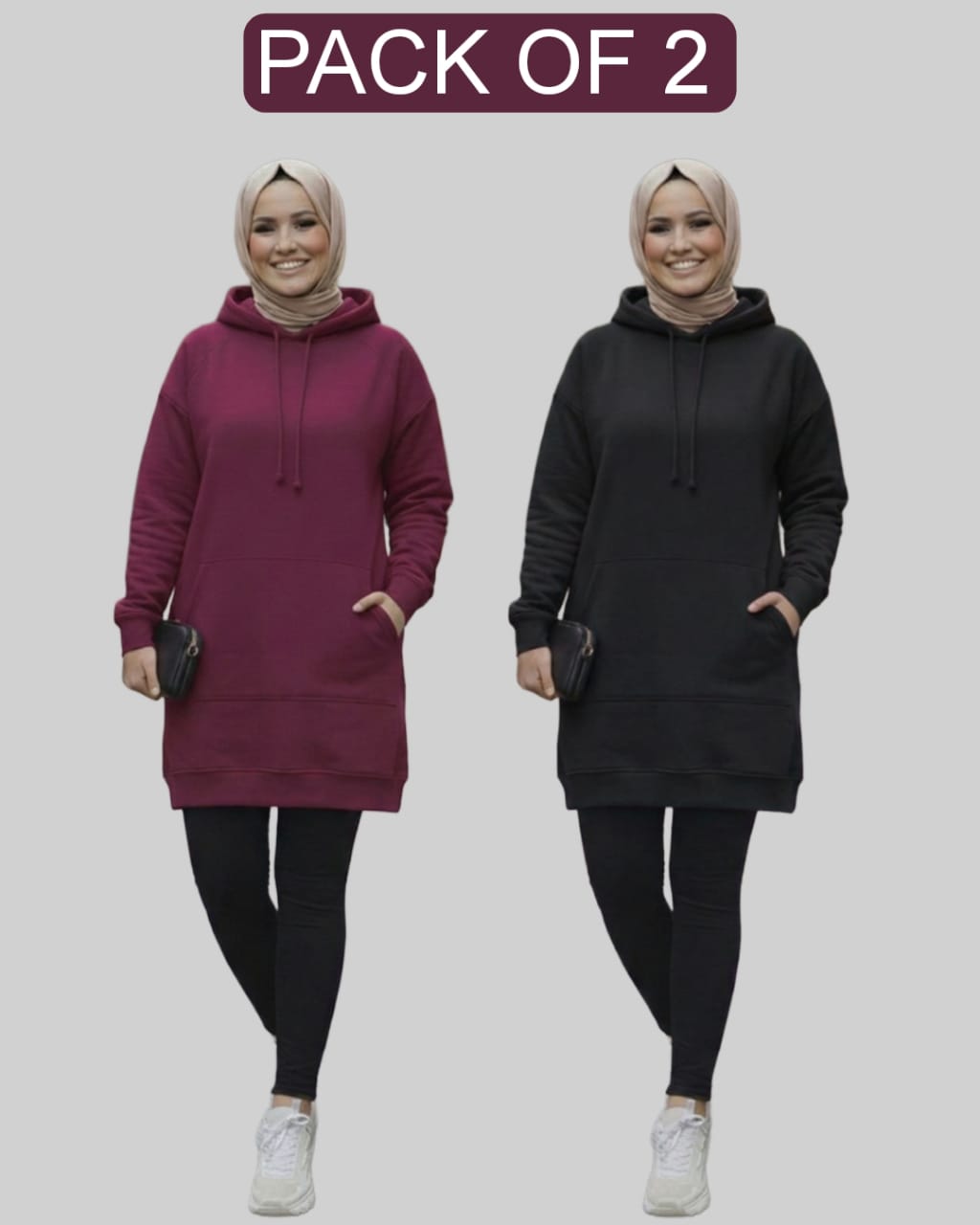 Pack of 2 – Women’s Long Hoodies (Premium Fleece, Full Sleeves)